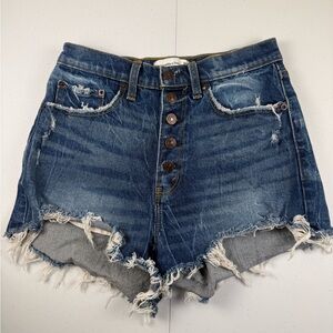 High-Rise Distressed Denim Shorts in Dark Blue Abercrombie